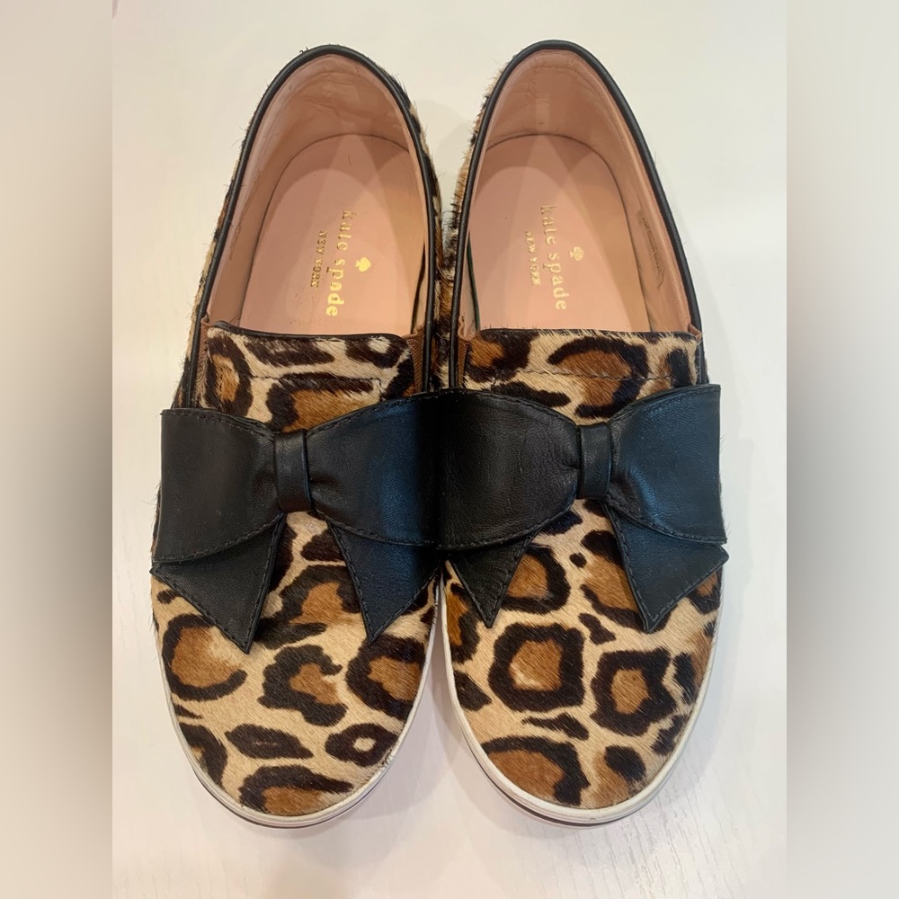 Kate Spade Delise Leopard Print Calf Hair Black Napa Bow Slip On Shoes